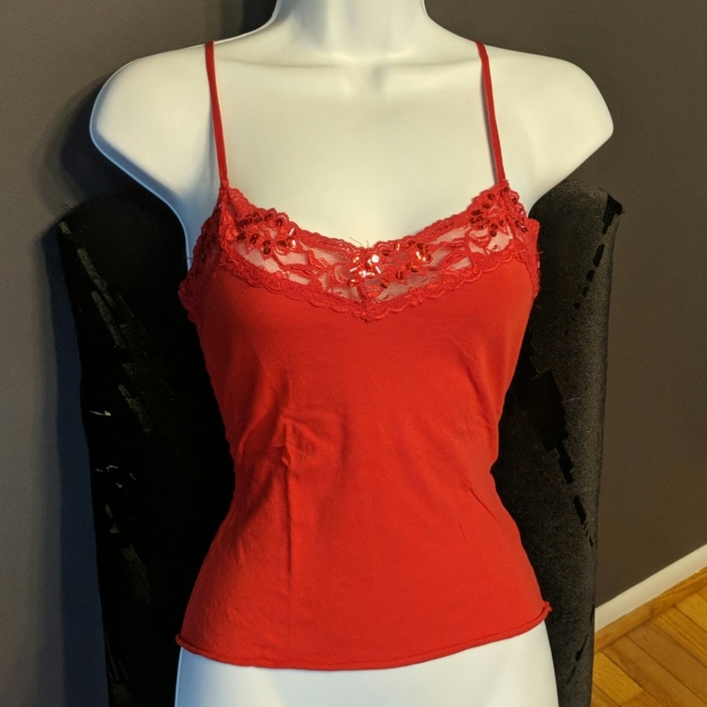 Y2K Red Beaded and Lace Tank Top